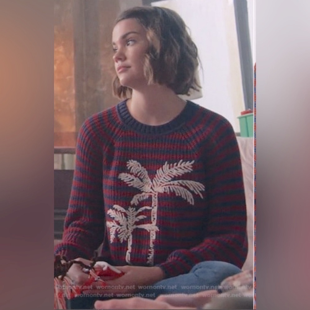 Faherty Palm Tree Sweater Medium Striped Cotton Knit Burgundy Navy Blue ASO - Picture 17 of 17